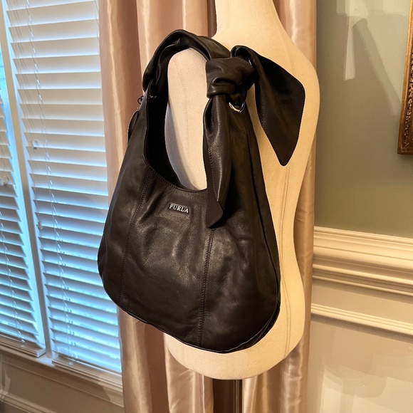 NWT Furla Zama Coffee Brown Leather Knotted Bow Hobo Style Shoulder Bag - Picture 3 of 8